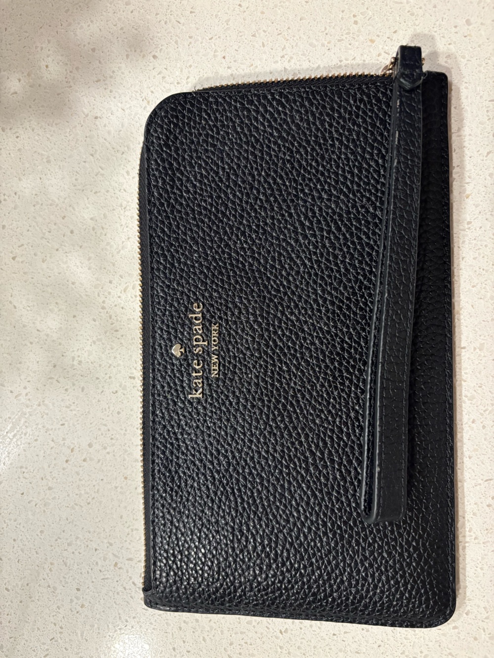 kate spade black pebbled leather zip card holder with wrist strap